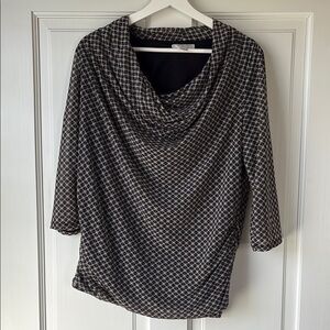 Dana Buchman Black and Cream Patterned Top large cowl neck blouse Y2K